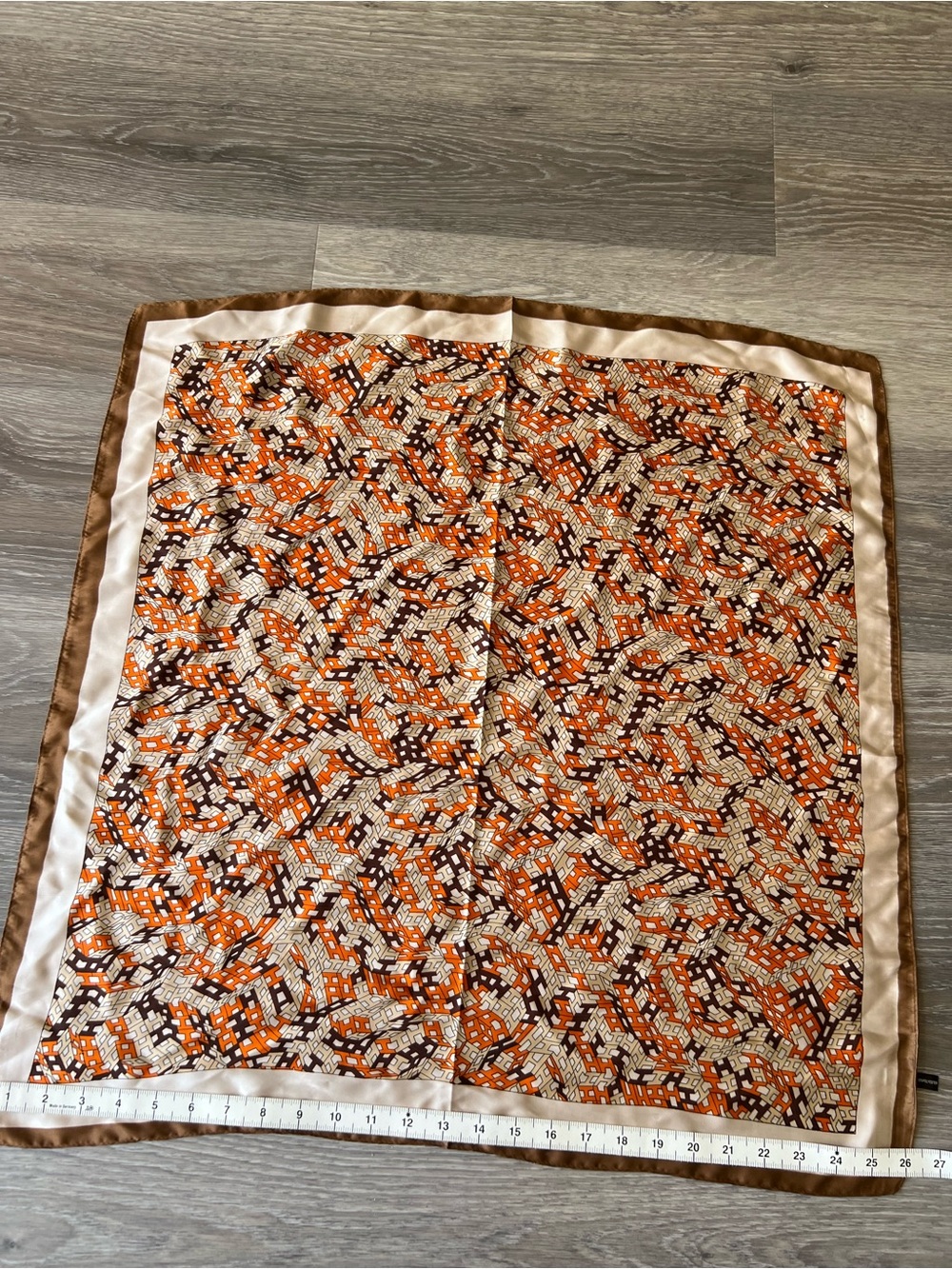 Silk-Feel Orange Patterned Square Scarf with Brown Border